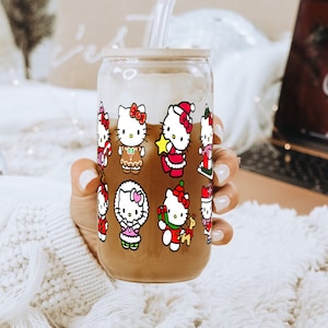 Christmas kawaii kitty 16oz glass can cup with lid and straw, iced coffee glass cup, christmas cups cute gifts for her, holiday gifts her