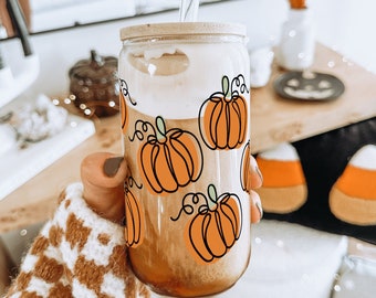 Pumpkin Glass Can Coffee Cup With Lid and Straw, Fall Coffee Mug, Fall Season Gift Pumpkin Season Design Iced Coffee Cup, 16oz Glass Can Cup
