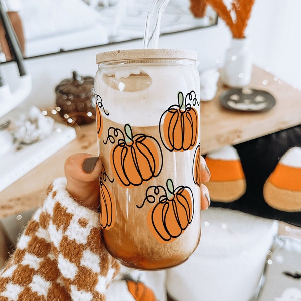 Pumpkin Glass Can Coffee Cup With Lid and Straw, Fall Coffee Mug, Fall Season Gift Pumpkin Season Design Iced Coffee Cup, 16oz Glass Can Cup
