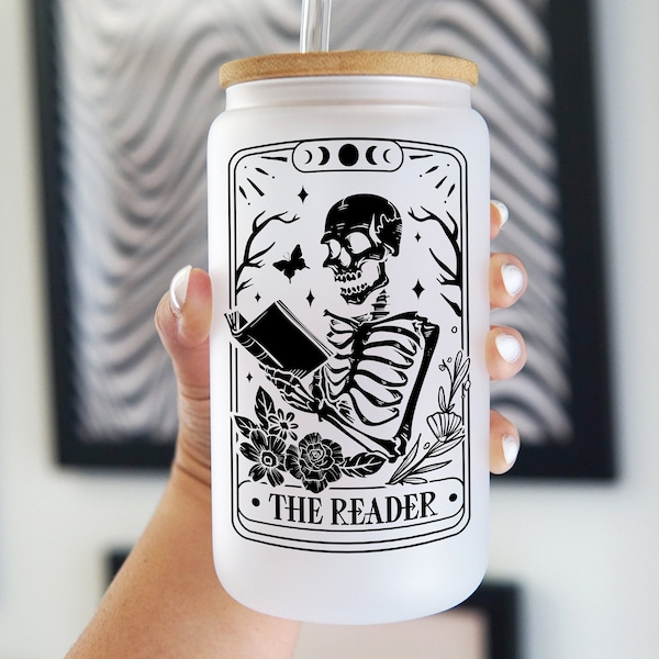 The Reader Tarot 16oz Glass Can Cup, Reader Gifts, Reader Cup, The Reader Tarot Card Cup, Iced Coffee Glass, Gift for Reader, Bookish Gifts