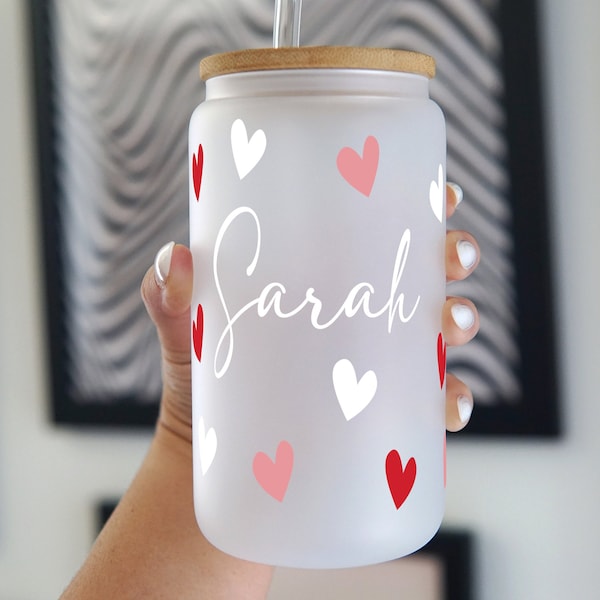 Personalized Hearts Glass Can Cup, Teacher Valentines Day Gifts, Galentine's Day Gift for Friends