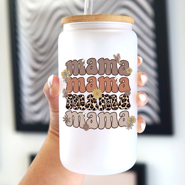 Retro Leopard Mama 16oz Glass Can Cup with Lid and Straw, Mama glass, Mama gift, Christmas for mom, Iced coffee glass, gifts under 15