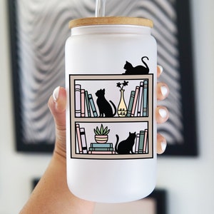 cats on bookshelf 16oz iced coffee cup frosted libbey glass soda can cat lover book lover book nerd gift for cat mom gift for reader