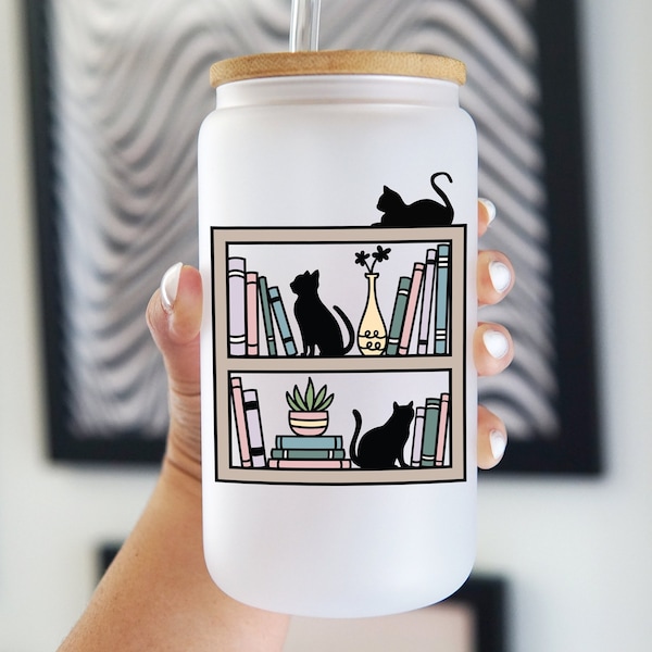 cats on bookshelf 16oz iced coffee cup frosted libbey glass soda can cat lover book lover book nerd gift for cat mom gift for reader