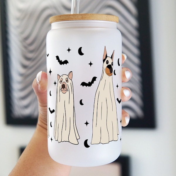 Halloween Ghost Dogs 16oz Glass Can Cup With Lid and Straw, Cute Ghost Dog Coffee Cup, Halloween Gift Iced Coffee Cup, Spooky Halloween Dogs