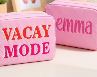 Embroidered Nylon Cosmetic Bag, Chenille Letters, Water-Resistant Travel Pouch