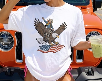 4th of July Comfort Colors® Shirt, Cowboy Eagle Patriotic Tee, Western Oversized USA Shirt