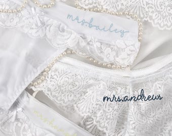 Wedding Lace Cheeky Panty Bridal Underwear, Embroidered Custom Something Blue, Future Mrs.