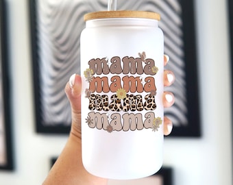 Retro Leopard Mama Glass Can Cup: Iced Coffee Gift with Lid & Straw