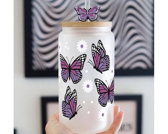 16oz Purple Butterflies and Daisies Glass Can Cup With Lid and Straw, Iced Coffee Glass, Can Glass Cup,Butterfly Daisy Cup,Monarch Butterfly