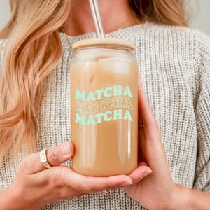 Matcha Matcha Matcha Iced Coffee Cup, 16 oz Glass Coffee Cup with Bamboo Lid and Glass Straw, Matcha Glass Cup, Matcha Cup, Libbey Cup