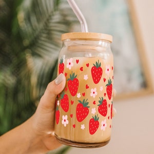 Strawberry And Flowers Cute Glass Can, Aesthetic Coffee Glass With Lid And Straw, Summer Coffee Cup, Summer Iced Coffee Glass Tumbler