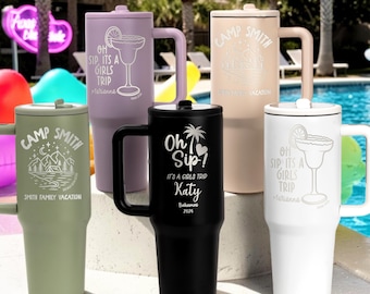 Personalized 40oz Tumbler, Girls Trip Vacation Cup, Engraved Metal Travel Mug