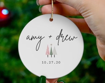 Personalized Couple Names and Date Porcelain Ceramic Christmas Ornament, Holiday, Custom, Christmas Gift, Couples Gift, Wedding, Keepsake