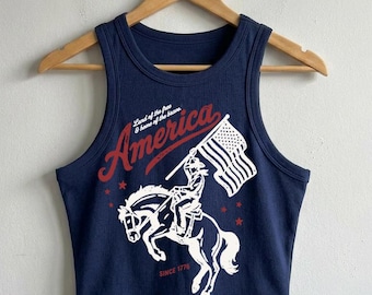 Navy Americana 4th of July Crop Tank Top, Bella Canvas® USA Racerback Tank, Vintage Distressed Americana Shirt