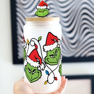 Christmas Cup 16oz Glass Can Cup With lid and Straw, Holiday Iced Coffee Glass, Beer Can Glass, Christmas gift for friend christmas tumbler