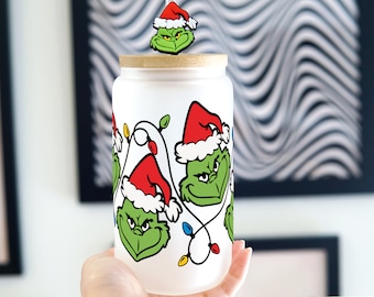 Christmas Cup 16oz Glass Can Cup With lid and Straw, Holiday Iced Coffee Glass, Beer Can Glass, Christmas gift for friend christmas tumbler