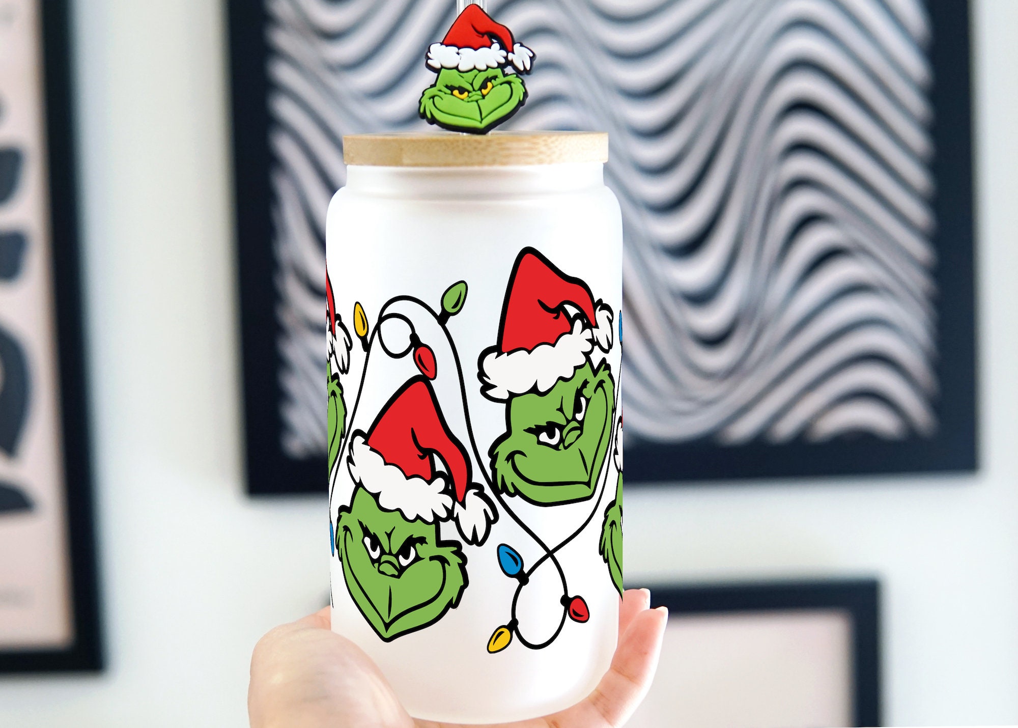 Christmas Cup 16oz Glass Can Cup With lid and Straw, Holiday Iced Coffee Glass, Beer Can Glass, Christmas gift for friend christmas tumbler