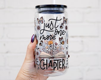 Floral Butterfly Glass Can Cup,Book Lover Iced Coffee Glass With Lid & Straw, Just One More Chapter, Bookish Gifts, Gift For Reader