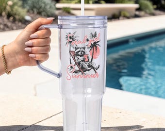 Feral Girl Summer Tumbler, 40 oz Raccoon Cup With Handle, Funny Summer Tumbler, Pool Cup, Beach Trip Cup, Vacation Drink Cup