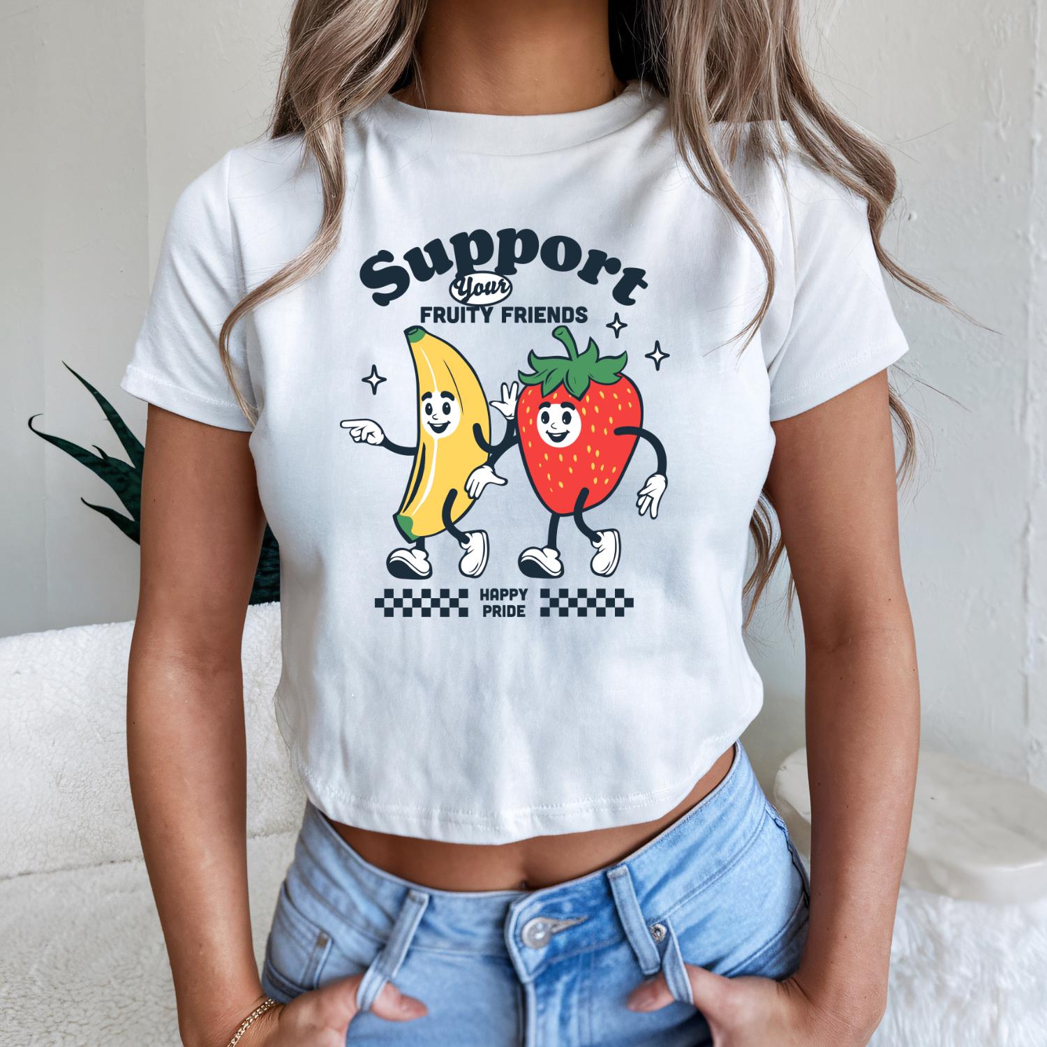 Pride Shirt, Fruity Friends Baby Tee, LGBTQIA Pride Crop Top, Gay Rights, PRIDE Rainbow, Pride Parade Shirt, Y2k, Happy Pride Baby Tee