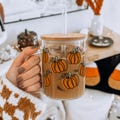 Fall Pumpkin Glass Can Coffee Mug With Lid and Straw, Pumpkin Season Iced Coffee Cup