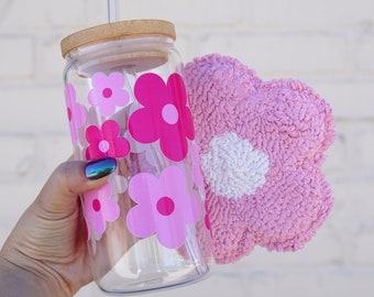 Ensemble cadeau et tapis de tasses en verre rose marguerite, verre à café glacé, tasse à café glacée fleur rétro, tasse en verre marguerite, tasse à café glacé, verre de canette de bière