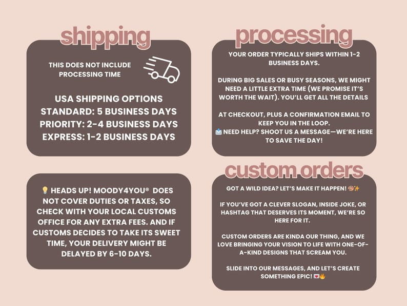 May include: An informational graphic with a light pink background featuring four dark brown rounded rectangular text boxes titled shipping, processing, custom orders, and a note about duties. The text provides details on delivery times, order handling, and custom requests.