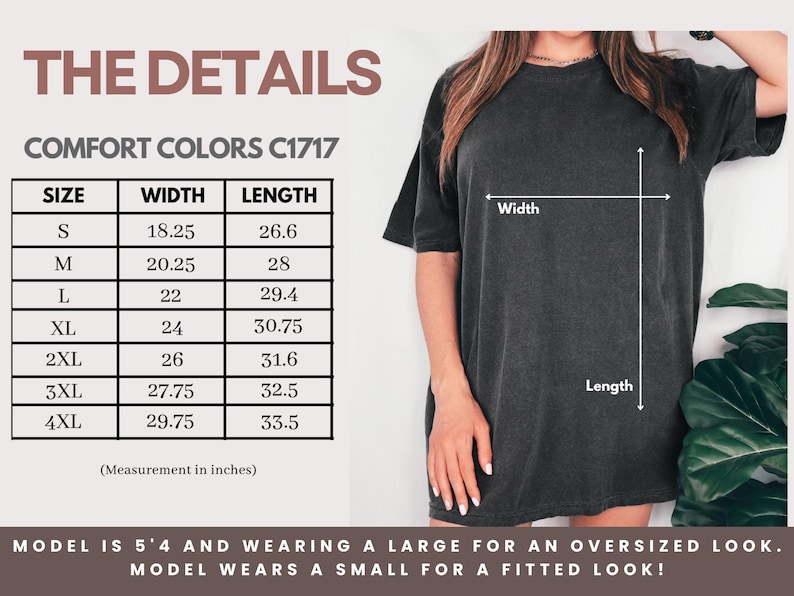 K&ouml;nnte beinhalten: Dunkelgraues T-Shirt mit einer Gr&ouml;&szlig;entabelle, die Breiten- und L&auml;ngenma&szlig;e in Zoll anzeigt. Die Tabelle enth&auml;lt die Gr&ouml;&szlig;en S bis 4XL. Das Model tr&auml;gt Gr&ouml;&szlig;e L f&uuml;r einen Oversize-Look.
