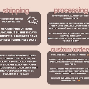 May include: Informational graphic with text about shipping, processing, and custom orders. Shipping options include standard (5 business days), priority (2-4 business days), and express (1-2 business days). Custom orders are available.