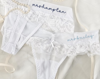 Personalized Embroidered Lace Bridal Thong, Custom Wedding Gift