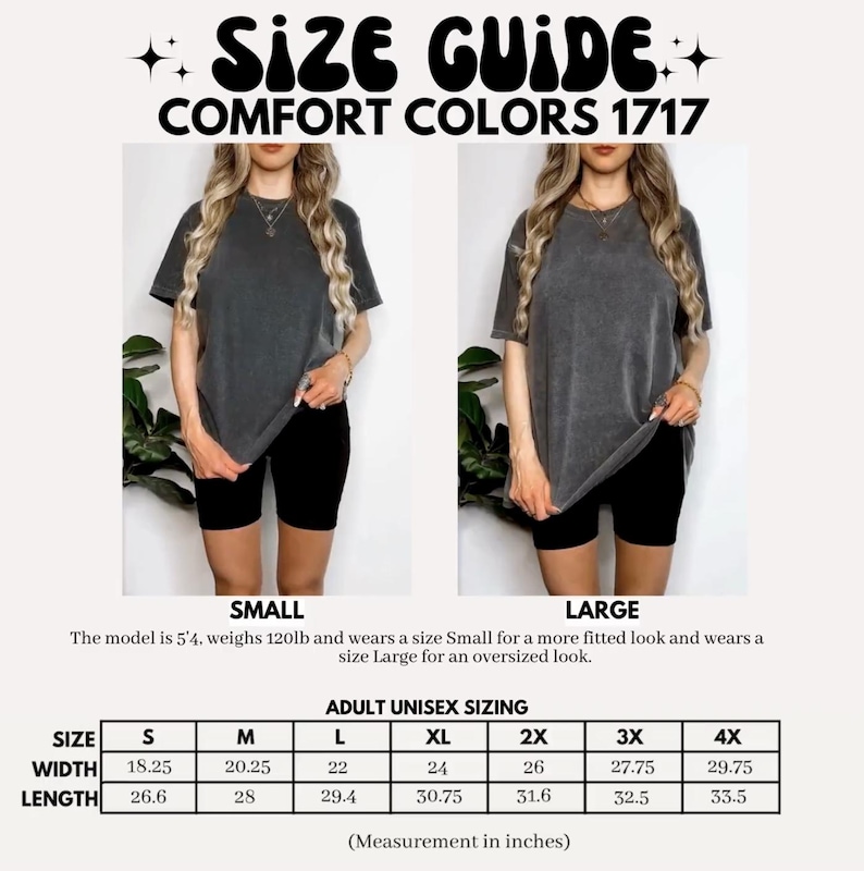 K&ouml;nnte beinhalten: Eine Gr&ouml;&szlig;entabelle f&uuml;r Comfort Colors 1717 T-Shirts mit zwei Bildern eines anthrazitfarbenen Kurzarm-T-Shirts in den Gr&ouml;&szlig;en Small und Large. Enth&auml;lt eine Tabelle f&uuml;r Unisex-Erwachsenengr&ouml;&szlig;en mit Breiten- und L&auml;ngenma&szlig;en in Zoll f&uuml;r S bis 4X.