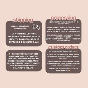 K&ouml;nnte beinhalten: Infografik mit Text zu Versand, Bearbeitung und Sonderanfertigungen. Versandoptionen und Bearbeitungszeiten werden angegeben. Sonderanfertigungen sind m&ouml;glich. Der Hintergrund ist rosa.