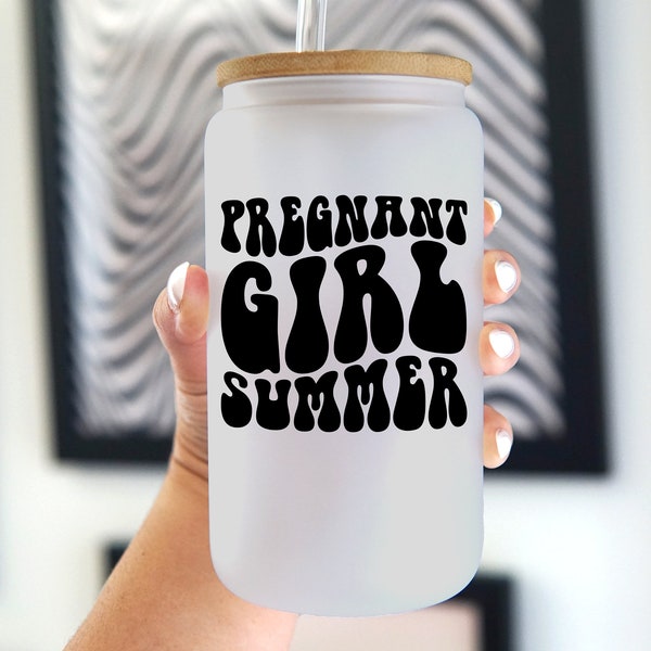 Pregnant Girl Summer Iced Coffee Glass with Lid and Straw, First Time Mom Gift, Funny Gift For New Mom, Baby Shower Gift, Pregnancy Reveal