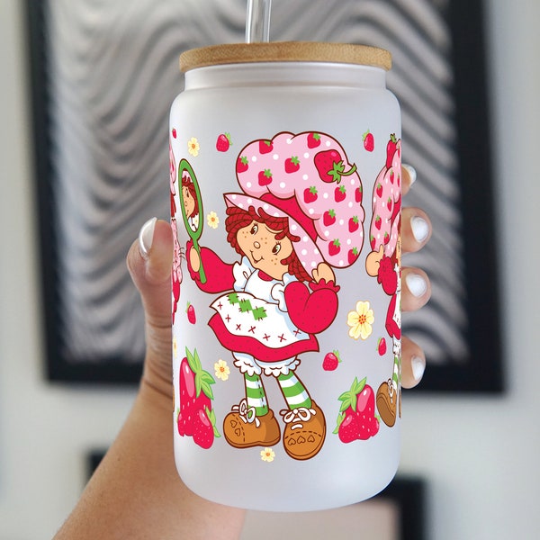 Cute Strawberry Cartoon Y2K 16oz Glass Can Cup with Lid and Straw, Valentine's Day Glass, Valentine's Day Cup, Anime,Retro,Iced Coffee Glass