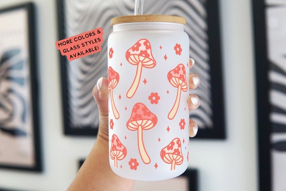Retro Mushroom Glass Cup: Floral Boho Iced Coffee Cup with Lid