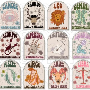 Pode incluir: Uma cole&ccedil;&atilde;o de doze ilustra&ccedil;&otilde;es retr&ocirc; de signos do zod&iacute;aco. Cada signo &eacute; exibido dentro de uma moldura arqueada, com um s&iacute;mbolo &uacute;nico, paleta de cores e tra&ccedil;os associados. Os signos incluem C&acirc;ncer, Touro, Le&atilde;o, G&ecirc;meos, Escorpi&atilde;o, Capric&oacute;rnio, Sagit&aacute;rio, Aqu&aacute;rio, Peixes, Virgem, &Aacute;ries e Libra.