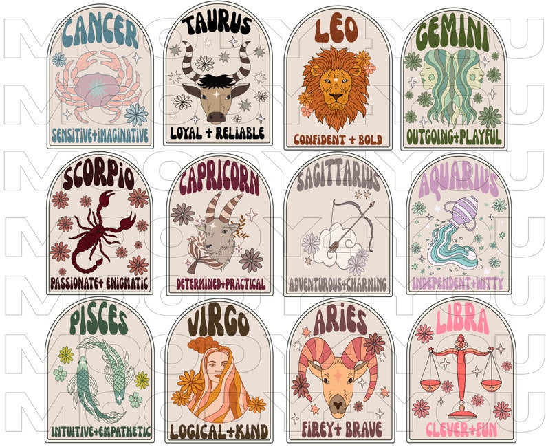 Pode incluir: Uma cole&ccedil;&atilde;o de doze ilustra&ccedil;&otilde;es retr&ocirc; de signos do zod&iacute;aco. Cada signo &eacute; exibido dentro de uma moldura arqueada, com um s&iacute;mbolo &uacute;nico, paleta de cores e tra&ccedil;os associados. Os signos incluem C&acirc;ncer, Touro, Le&atilde;o, G&ecirc;meos, Escorpi&atilde;o, Capric&oacute;rnio, Sagit&aacute;rio, Aqu&aacute;rio, Peixes, Virgem, &Aacute;ries e Libra.