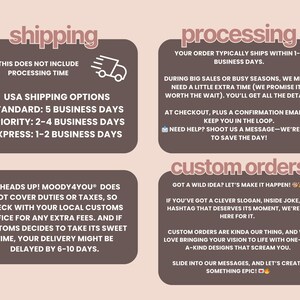 Puede incluir: Un gr&aacute;fico informativo con fondo rosa claro y cuatro cuadros de texto de color marr&oacute;n oscuro con esquinas redondeadas. Los encabezados son shipping, processing y custom orders. El texto detalla los plazos de entrega y los pedidos personalizados.