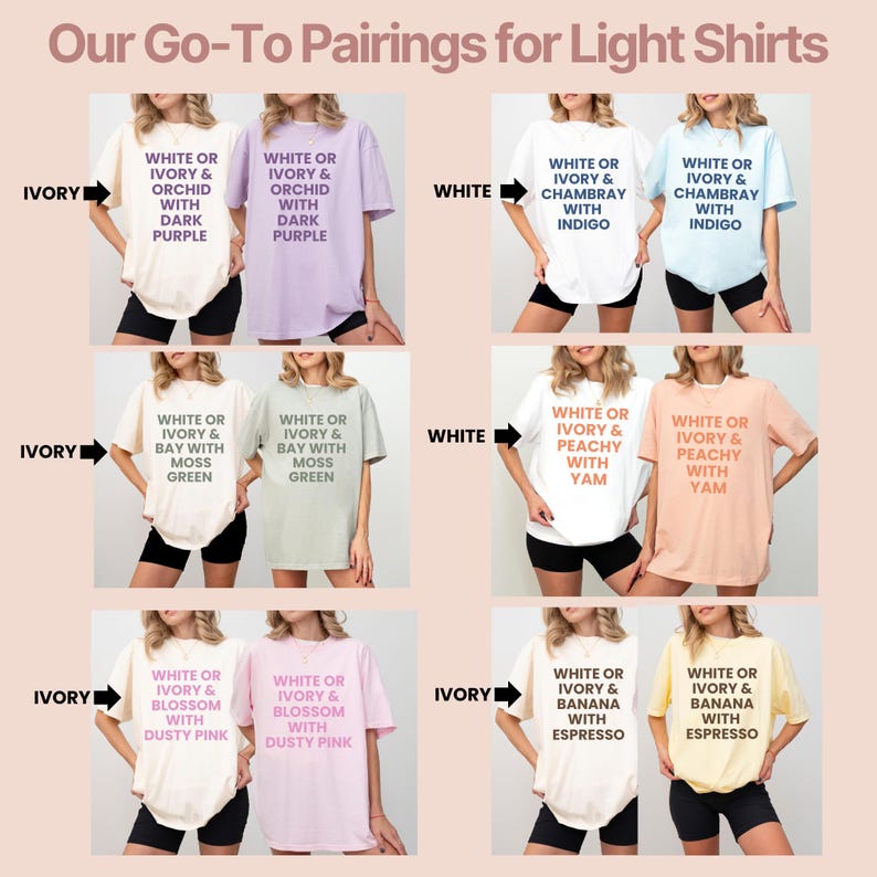 K&ouml;nnte beinhalten: Das Bild zeigt eine Auswahl an T-Shirts mit verschiedenen Farbkombinationen. Der Text auf den Shirts deutet auf Kombinationen mit Farben wie Orchidee, Chambray, Moosgr&uuml;n, Pfirsich und Banane hin. Die Shirts werden von Models getragen.