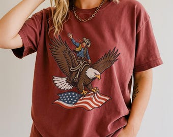 4th of July Tee For Women, Western Cowboy Eagle Tee, Vintage Americana Patriotic Shirt, Crimson Comfort Colors®