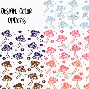 May include: A graphic design color options chart featuring four repeating patterns of mushrooms, small flowers, and four-pointed stars. The patterns are displayed in blue, purple, pink, brown, and coral color schemes with text labels for each.