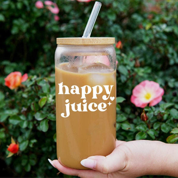 Happy Juice 16oz Ice Coffee Beer Can Glass Soda Cup Libbey Glass with Bamboo lid and Glass Straw, Color changing cup, iced coffee gift her