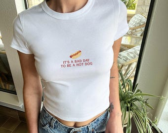 Bad Day To Be a Hotdog Embroidered Crop Tee, 4th Of July Funny Summer Ribbed Tank, Americana BBQ Shirt, Patriotic Hot Dog Crop Top