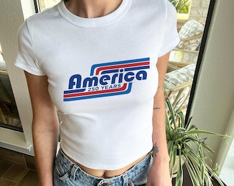 America 250 Years Baby Tee Retro Stripes Patriotic Vintage Micro Rib Americana T-Shirt Womens Fitted Top 4th of July Outfit