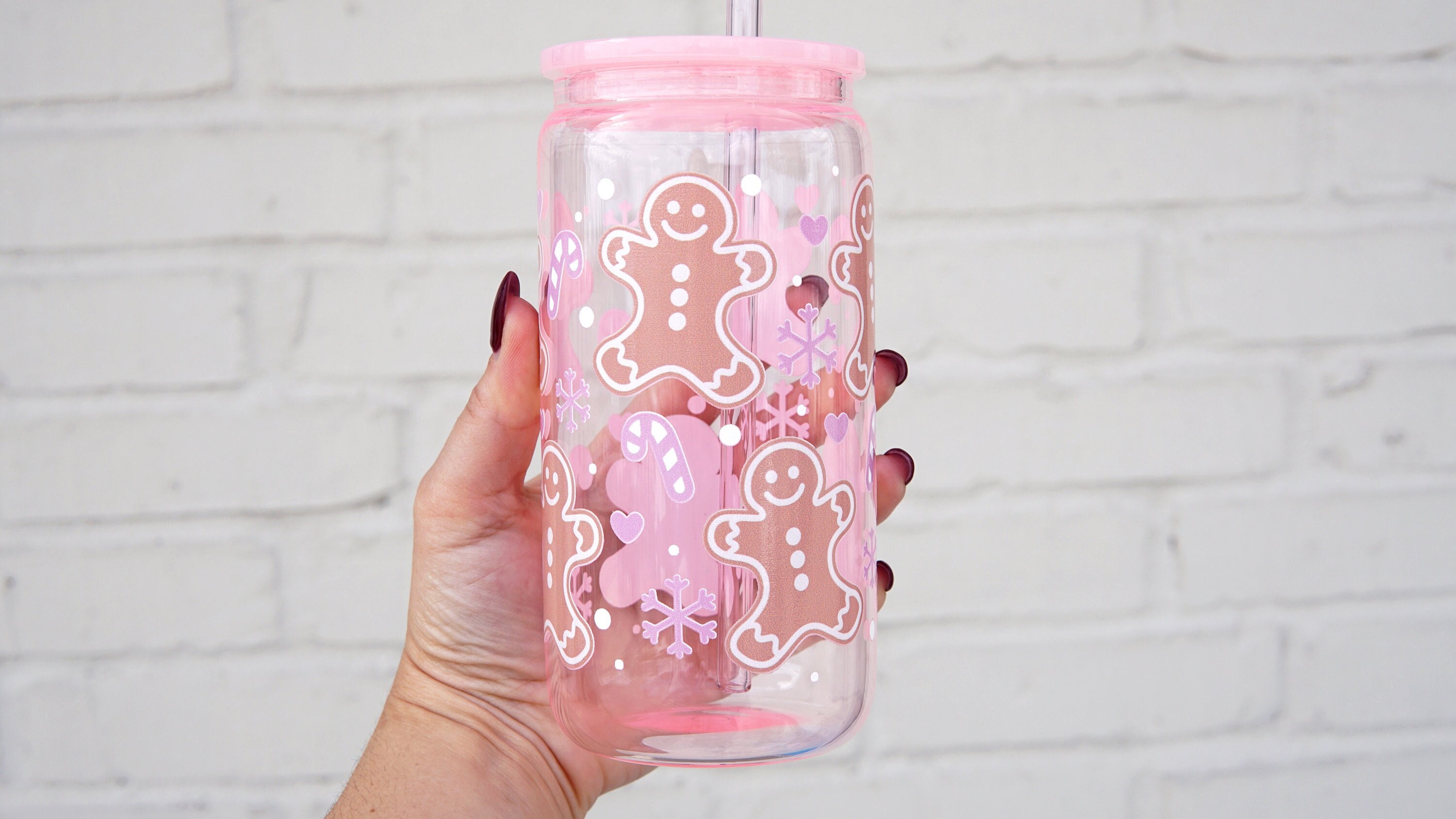 Boîte en verre de Noël en pain d'épice rose, Tasse en verre, Boîte Libbey, Noël rose, Rose, Boîte en verre rose, Noël rose esthétique, Tasses de Noël