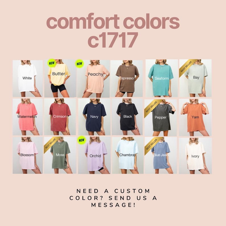K&ouml;nnte beinhalten: Eine Auswahl an Comfort Colors T-Shirts in verschiedenen Farben, darunter Wei&szlig;, Butter, Pfirsich, Espresso, Meerschaum, Bay, Wassermelone, Karmesinrot, Marine, Schwarz, Bl&uuml;te, Moos, Orchidee, Chambray, Blue Jean und Elfenbein. Der Text "comfort colors c1717" steht oben.