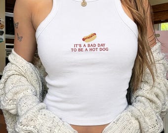 Embroidered Hot Dog Tank Top, Funny 4th of July Crop, Patriotic Summer BBQ Shirt