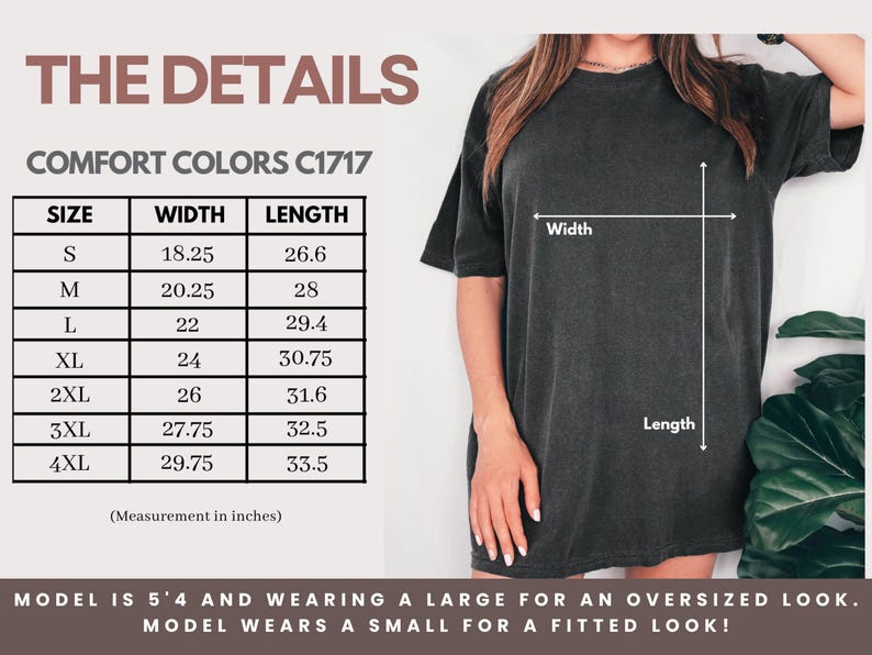 May include: Size chart for a t-shirt with measurements in inches. The chart shows the width and length of the shirt in sizes S, M, L, XL, 2XL, 3XL, and 4XL. The text "Comfort Colors C1717" is at the top of the chart.