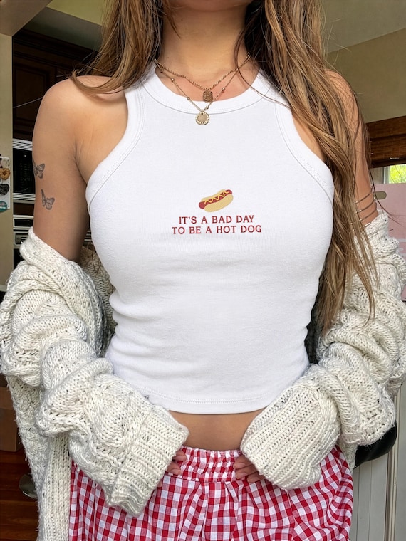 Bad Day To Be a Hotdog Embroidered Tank, 4th Of July Funny Summer Ribbed Tank, Americana BBQ Shirt, Patriotic Hot Dog Crop Top